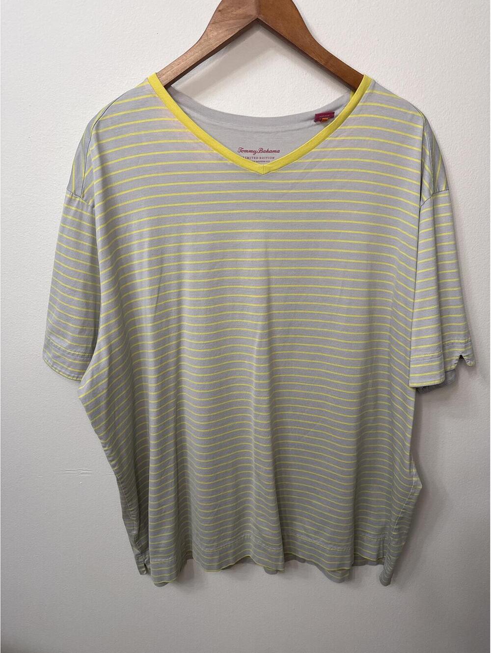 Tommy Bahama Limited Edition Womens XXL Gray Yellow Stripe Pima Cotton V-Neck